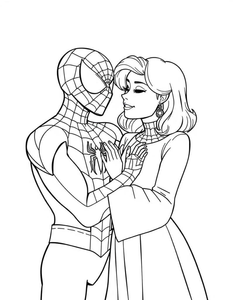 Spider-Man lovingly embraces a woman with shoulder-length hair and earrings as they gaze into each other's eyes, hands gently touching.