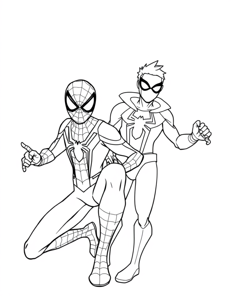 Spider-Man crouches in a dynamic pose while another masked superhero, possibly Miles Morales, stands confidently beside him with a clenched fist.