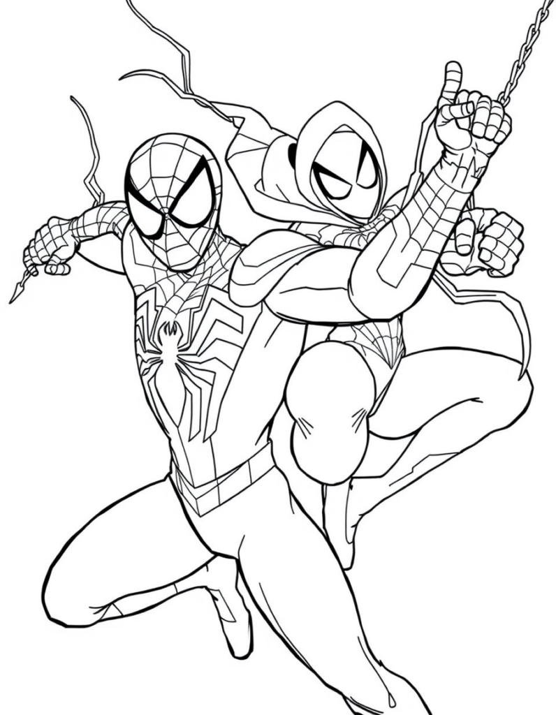 Spider-Man and another masked hero in a hooded costume swing through the air on web lines, both in action-ready poses.