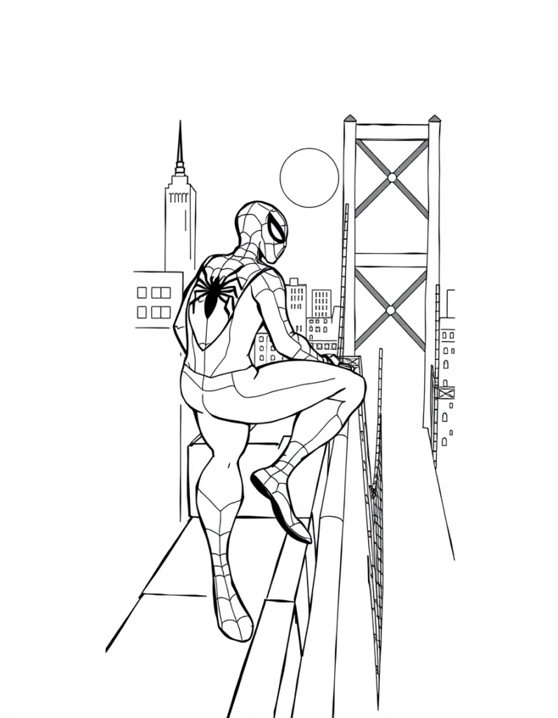 Spider-Man, in red and blue, perches on a bridge, scanning the city. Wind whips his mask as he readies for action, muscles tense with strength and resolve, determined to protect citizens from any looming threat.