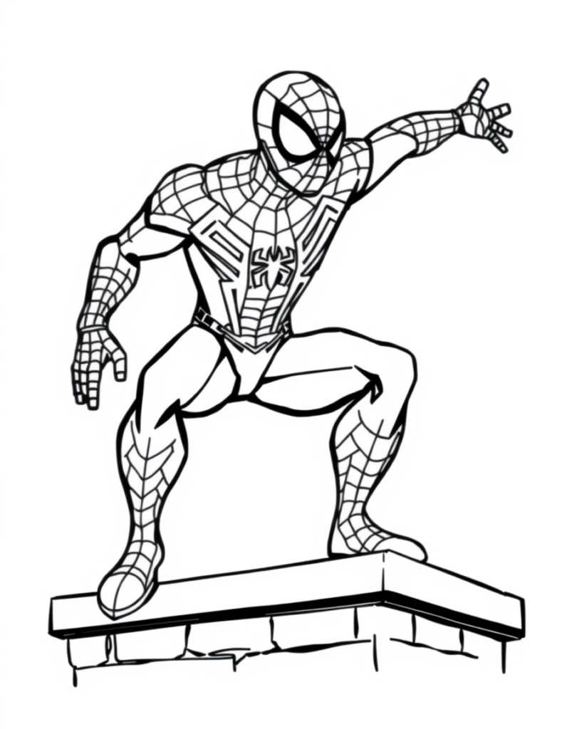 Spider-Man, in vibrant red and blue, stands on a rooftop edge. Night air stirs his mask as he readies to swing, protecting the bustling city below.