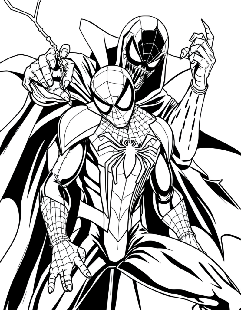 Spider-Man, in red and blue, swings through the city at sunset to confront Morbius. Their fierce battle echoes through the night as Spider-Man defends citizens from the vampire’s deadly rampage.