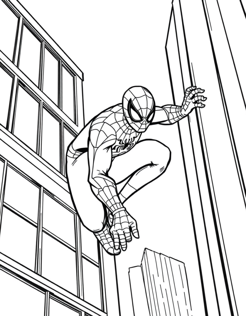 The spiderman is shown in his classic costume with web pattern details, spider emblem on chest, and web shooters on his wrists, positioned in a dynamic crawling pose against the building's glass windows and architectural structure.