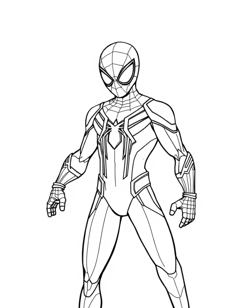 Spider-Man, in his high-tech red and blue suit, stands atop a skyscraper. Muscles tense, eyes sharp, he surveys the bustling city, ready to protect and inspire its people.