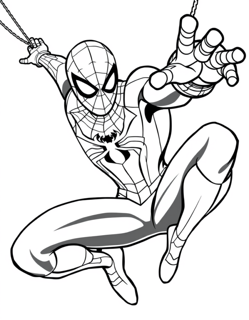Spider-Man swings gracefully through the city, red and blue suit shining. His web glistens in sunlight as he soars above, eyes fixed on the horizon, guarding the bustling streets below.