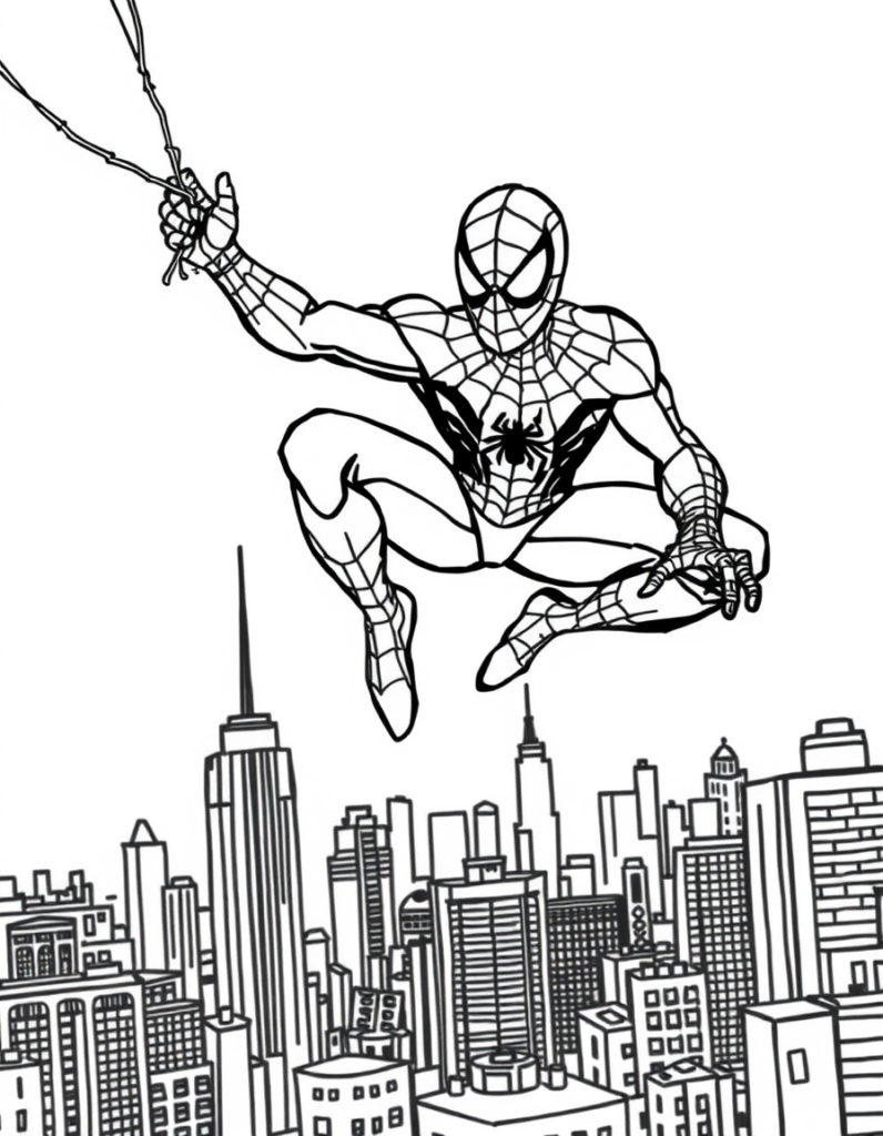 Spider-Man’s red and blue web spans skyscrapers, glistening in sunlight. Intricately woven, it forms a striking network of safety, symbolizing hope and heroism amid the city’s chaos.